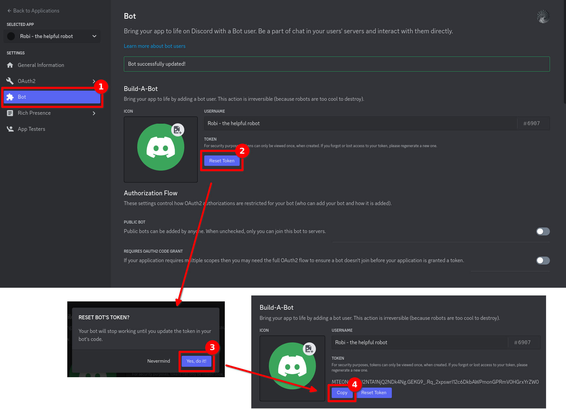 Kopieren des Bot-Tokens im Discord-Developer-Portal
