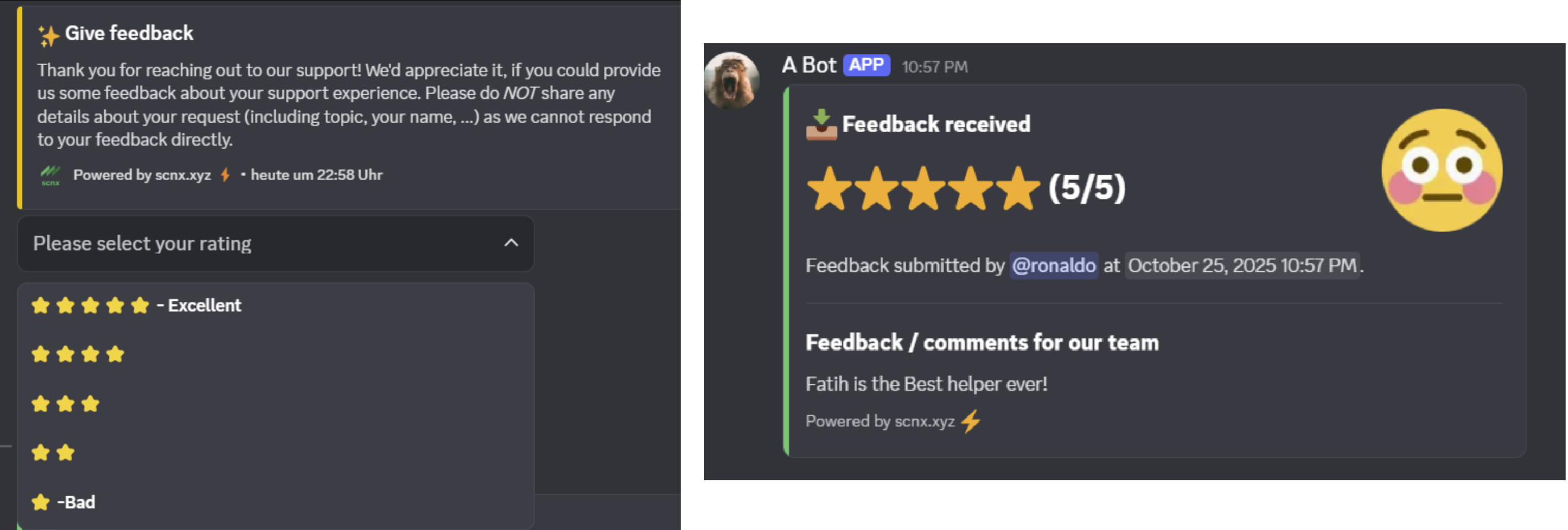 Uno screenshot che mostra come gli utenti possono lasciare recensioni e come i messaggi di recensione vengono inviati a un canale dello staff